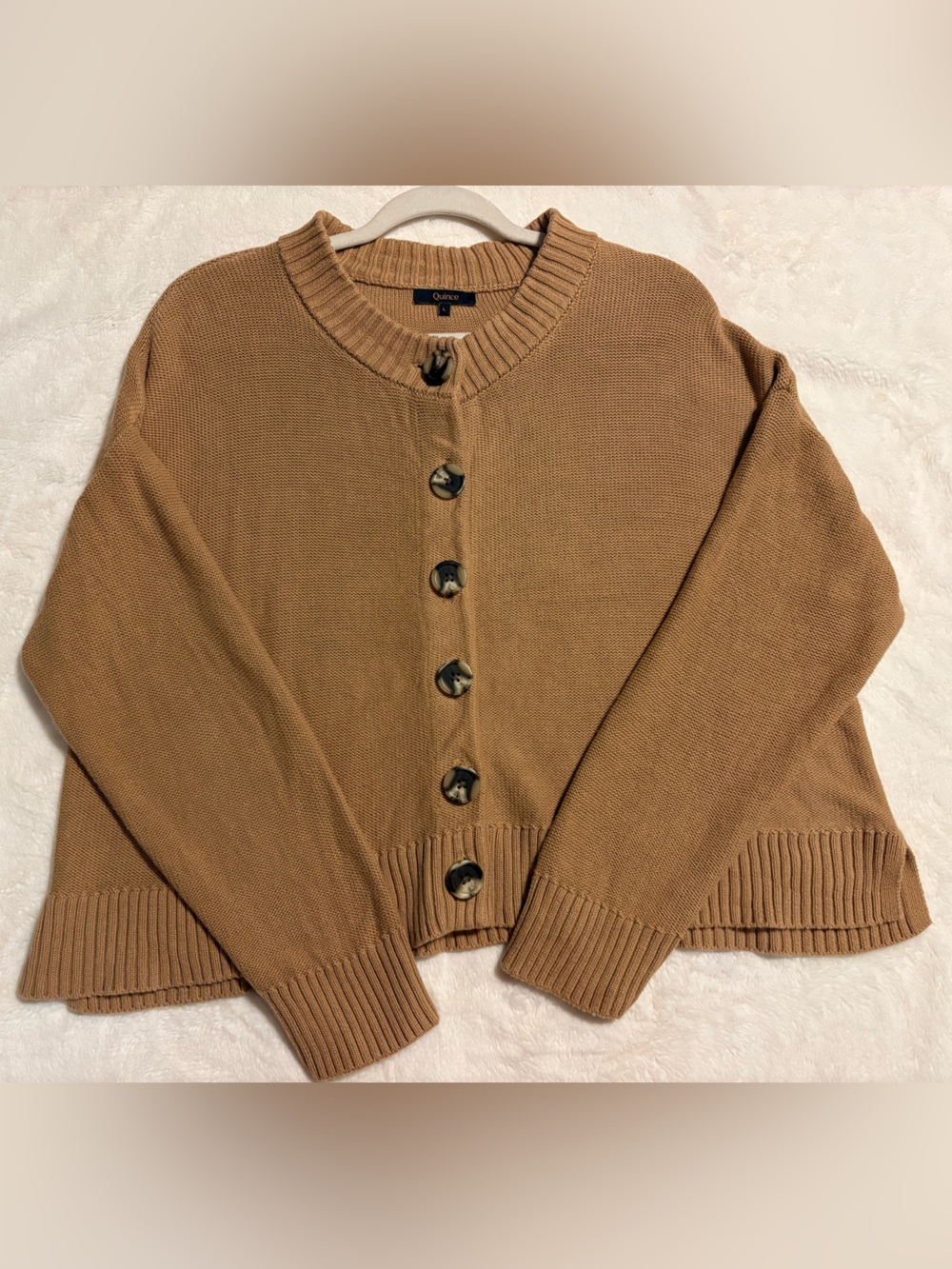 Quince Organic Cotton Cropped Cardigan Camel Large Quiet Luxury minimalist - Picture 6 of 12